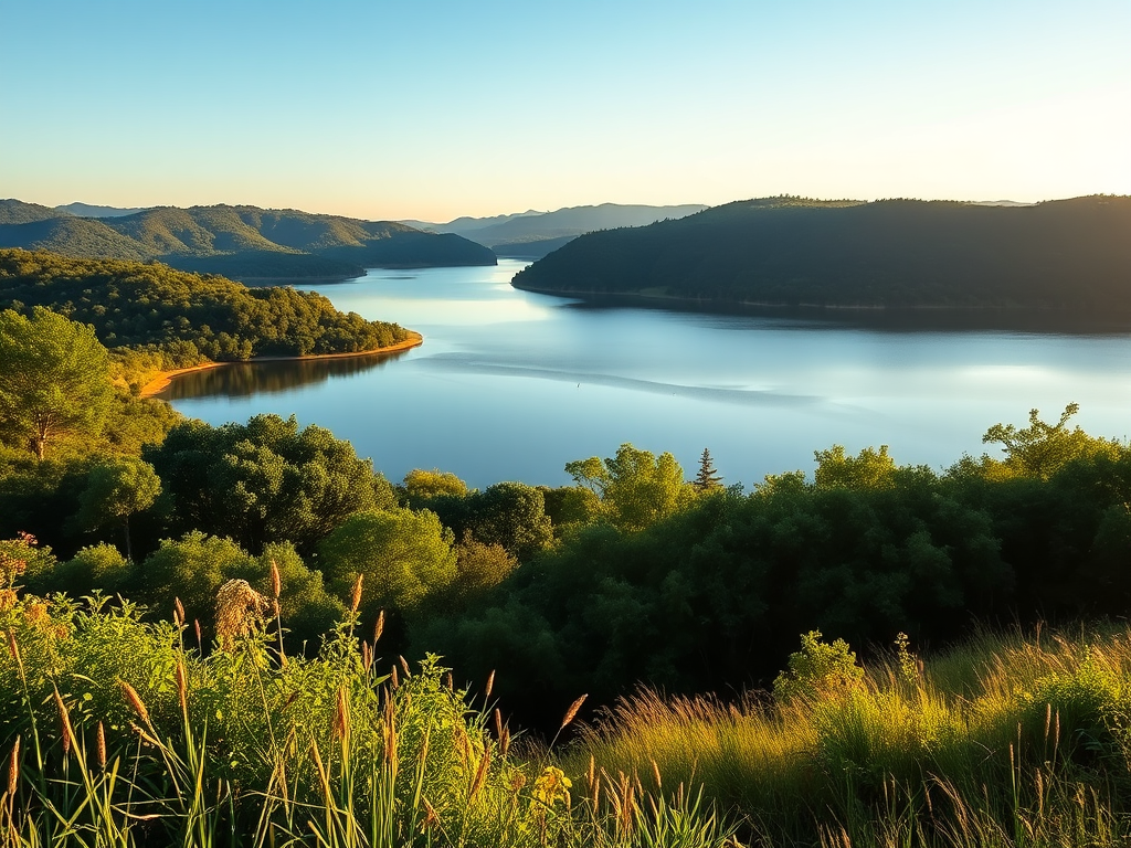 Generate an image of a serene landscape featuring lush greenery and a calm lake under a clear blue sky, captured with a DSLR camera, 50mm lens, f/1.8 aperture, ISO 100, at golden hour lighting for enhanced warmth and detail.