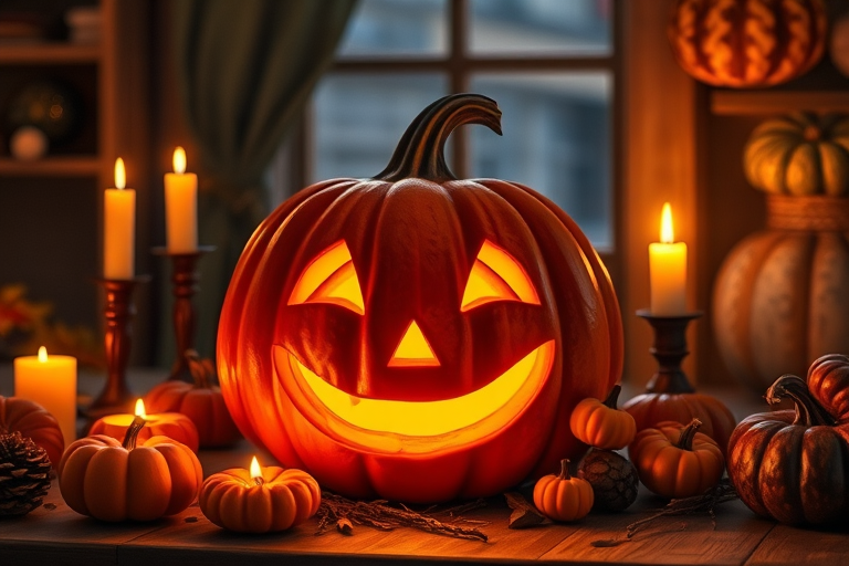 A cozy Halloween scene featuring a carved pumpkin with a cheerful face glowing warmly from within surrounded by flickering candles and smaller pumpkins in a dimly lit room with wooden textures and autumn decorations.