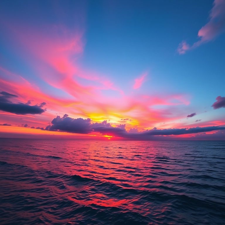 Create a high-quality image of a sunset over water with vivid colors, 50mm lens, f/2.8 aperture, ISO 100, and a tripod for stability, capturing a wide-angle view.