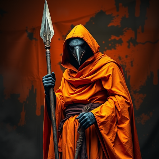 Generate an image of a mysterious figure with a raven head wearing an orange robe, holding a spear, set against an abstract dark orange and black background, with a dramatic low-angle shot, using a DSLR camera with a 50mm lens at f/1.8, ISO 200, and a shutter speed of 1/125s to capture vivid colors and sharp details.