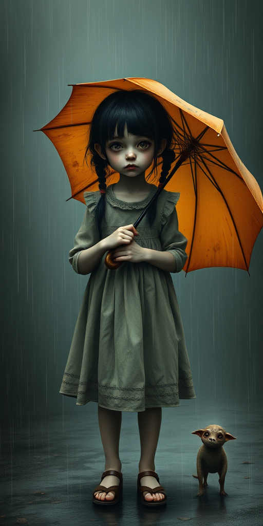 An eerie, weird little girl with dark hair in thin pigtails, wearing a smock dress, standing in the rain, holding a dirty orange umbrella, a small, odd creature beside her. In a surreal style inspired by Nicoletta Ceccoli and Brian Froud. Dark fantasy themes