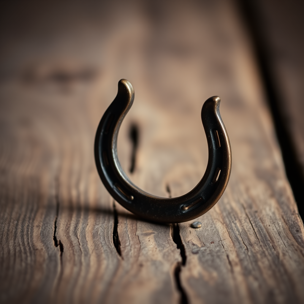 Close-up shot of an antique horseshoe on a rustic wooden background, shallow depth of field, aperture f/2.8, ISO 100, 50mm lens, natural light, DSLR camera, high-resolution.