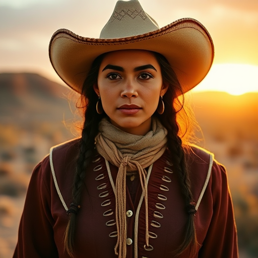 Dramatic photo of a beautiful Quechua woman, classic cowboy attire, confident and free spirit expression, half-length portrait, centered, golden hour desert landscape, warm, diffused light, low angle, medium format film camera, in style of Annie Leibovitz.