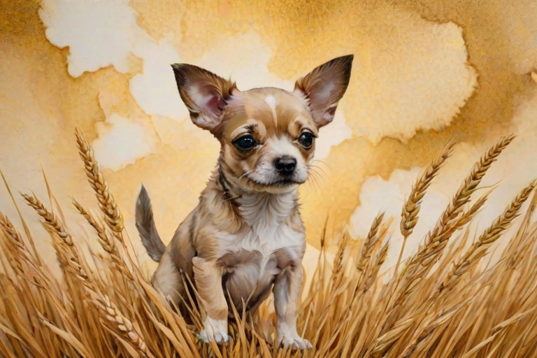 Soft, muted Alcohol Ink with ebru effect background image of tiny whimsical dog, who climbed high on the top of a golden rye ear.