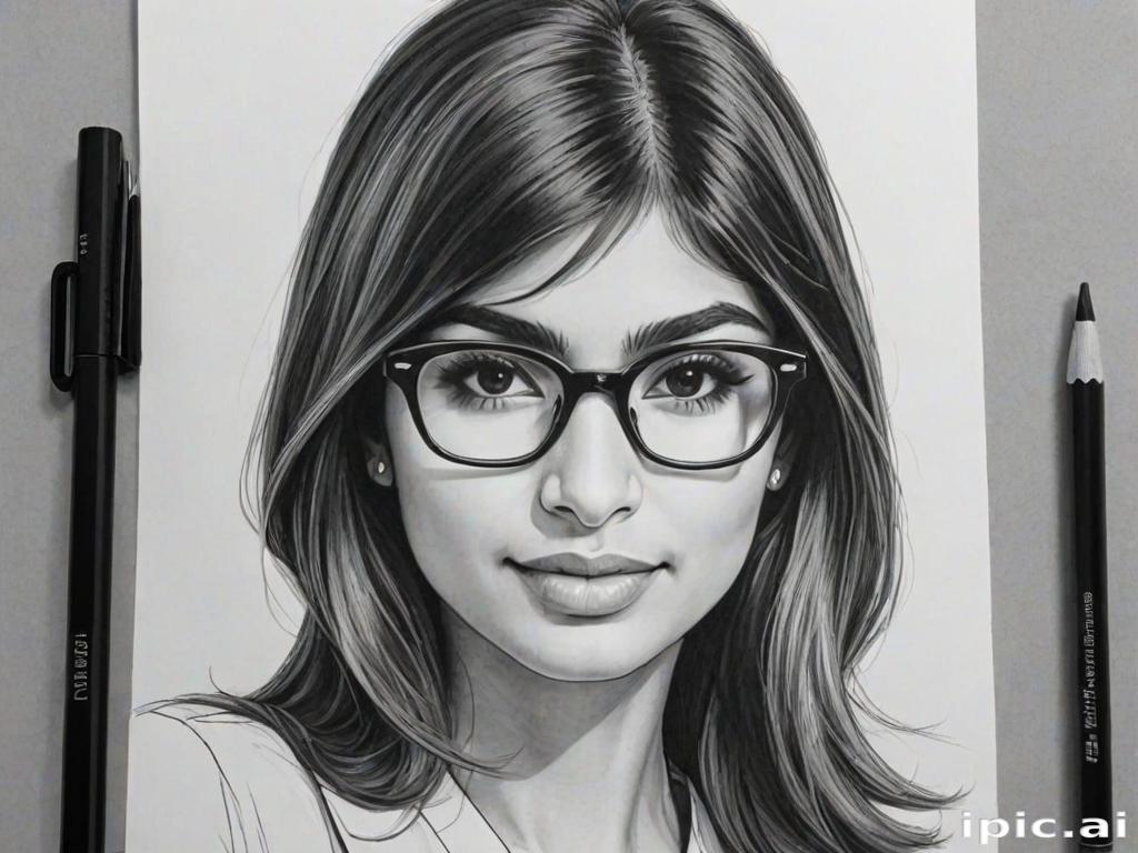 hot mia khalifa, pencil sketch, portrait of beautiful woman 60s in glasses, hair style beatnik, outline, clear lines, fine lines, 8k