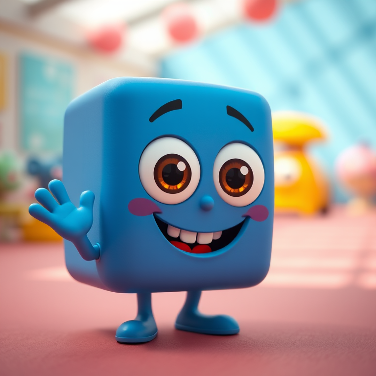 Create a high-resolution cartoon character of a friendly blue square with large eyes, smiling and waving, shot with a Canon EOS 5D Mark IV at 50mm, f/2.8 aperture, ISO 100, in a bright and colorful setting.