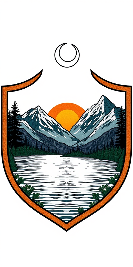 a detailed illustration of a shield featuring a crescent moon above mountains and a tranquil body of water with a sun setting behind the mountains, use a 50mm f/1.8 lens, ISO 100, aperture of f/8, shot in soft natural light, captured with a DSLR camera at eye level for enhanced clarity and contrast