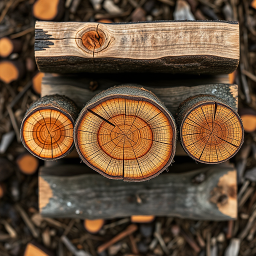 generate an image of four timber logs stacked together, use a macro lens, aperture f/2.8, ISO 100, natural lighting, top-down view, high-resolution digital photography