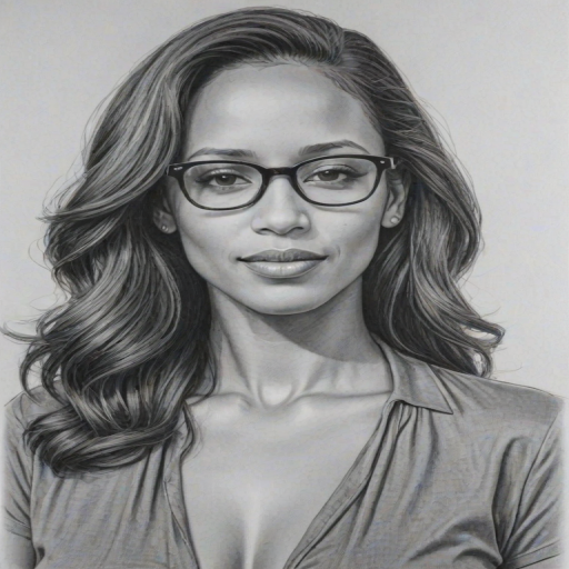 Radiant Dania Ramirez, pencil sketch, portrait of Enticing woman 1948s in glasses, hair style beatnik, outline, clear lines, fine lines, 8k