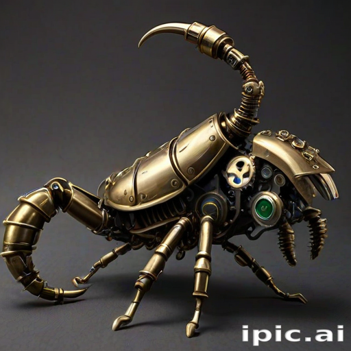 Create a high-intensity, high-resolution image of a steampunk scorpion, featuring intricate clockwork mechanisms and brass gears. The scorpion should have metallic limbs with elaborate jointed segments, showcasing a blend of Victorian-era aesthetics and futuristic technology. The body should be adorned with cogwheels, pistons, and small steam vents emitting a subtle mist, the front pinchers should up up and open. Capture the scene with dramatic lighting to emphasize the mechanical details, giving it a sense of motion and life