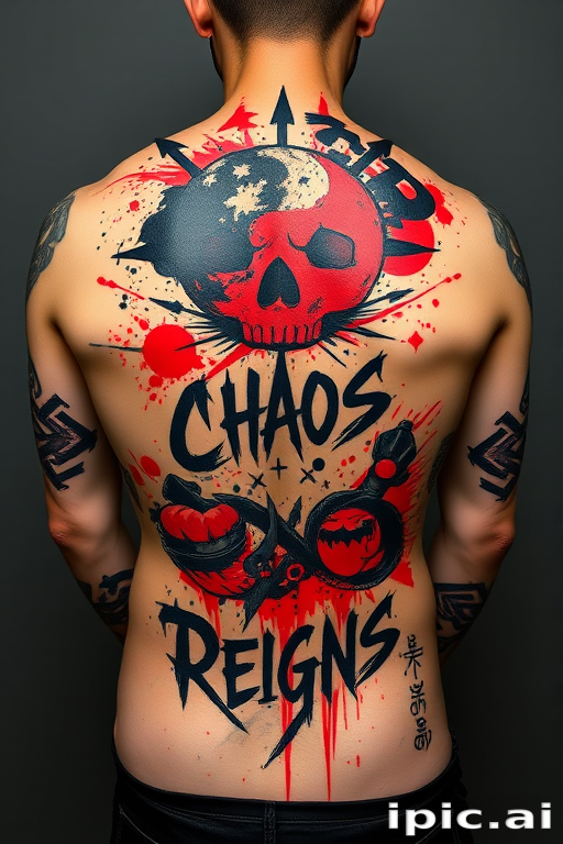 Edgy trash polka tattoo called "Chaos Reigns" combining bold red and black elements with abstract shapes and typography, creating a dynamic and visually striking full back piece