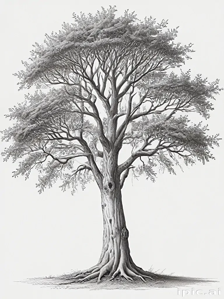 A Detailed Black and White Illustration of a Majestic Tree with ...