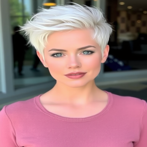 Icy platinum blonde pixie cut with textured layers and a swept-back quiff, exuding confidence and sophistication in the chic "Frost Queen" style