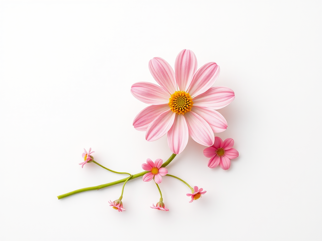 Create an image of a simple, whimsical floral design featuring a large pink flower with a yellow center and several smaller pink flowers along a green stem, include a white background, use a Canon EOS R5, aperture f/2.8, shutter speed 1/200s, ISO 100, top-down view, soft focus style for an artistic touch.