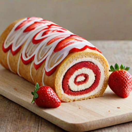 Create an image of a beautifully decorated strawberry roll cake. The cake should have a light yellow sponge with a creamy white frosting and fresh strawberry slices inside. It should be displayed on a wooden board, with a knife cutting through the cake to reveal the swirled layers. Add some whole strawberries on top for decoration.