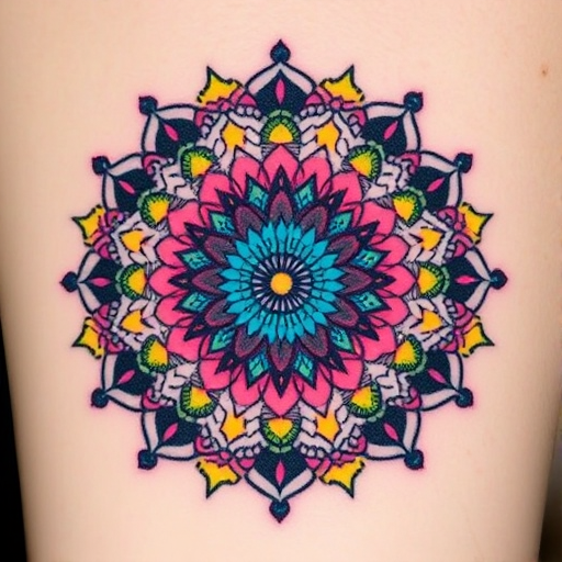 Vibrant dotwork mandala tattoo named "Kaleidoscope Bloom" featuring a mesmerizing circular pattern composed entirely of tiny, colorful dots that radiate outward from a central point, creating a three-dimensional effect that seems to pulsate and shift as the eye moves across the intricate design, resulting in a hypnotic and visually stunning piece of body art