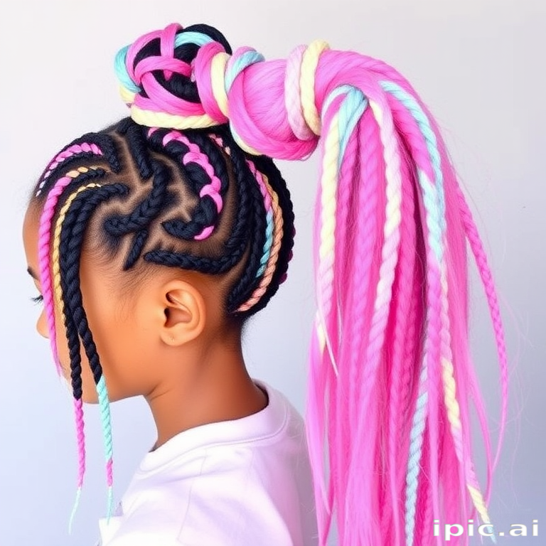 Playful multicolored braids named "Candyland Dreams" incorporate a variety of pastel hues woven into intricate cornrows and culminating in a high, voluminous ponytail