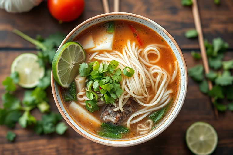 capture a brightly lit overhead shot of a bowl of Vietnamese pho with fresh herbs, lime, and noodles, shallow depth of field, aperture f/4, ISO 200, 50mm lens, natural light, colorful and vibrant presentation, wooden surface background