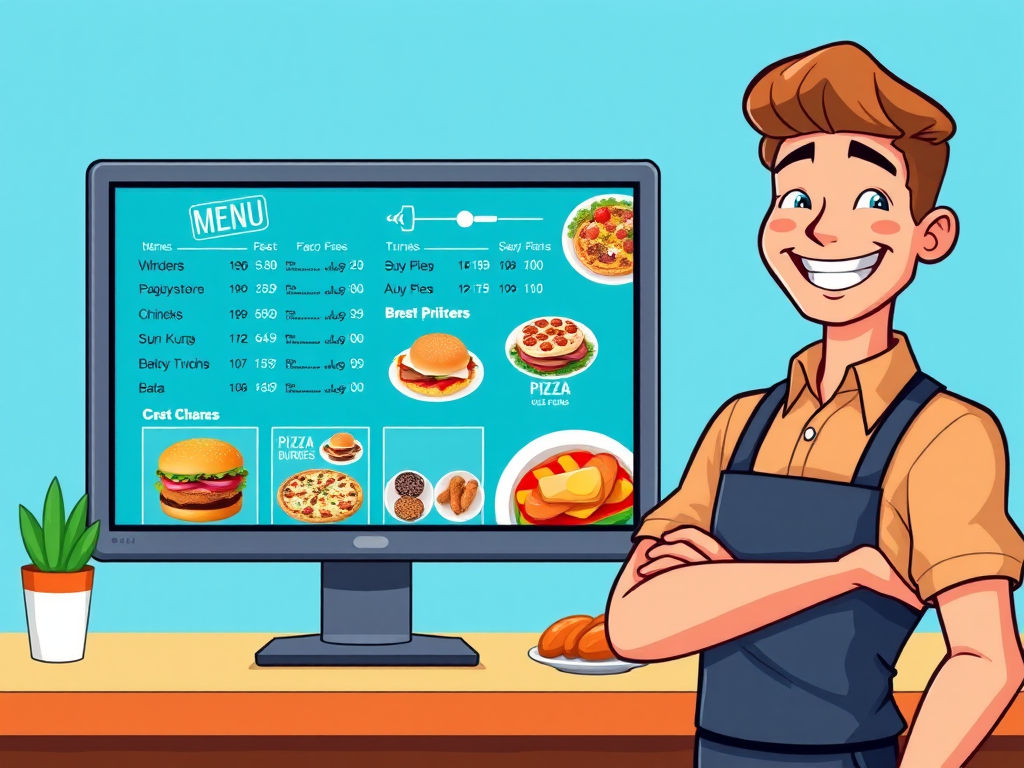 Create a digital illustration of a cheerful waiter standing beside a menu display on a computer screen featuring food items like burgers, pizza, and chicken, with a bright blue background, shot with a Canon EOS R5 at f/2.8, ISO 100, using a wide-angle lens for clarity and vibrant colors.