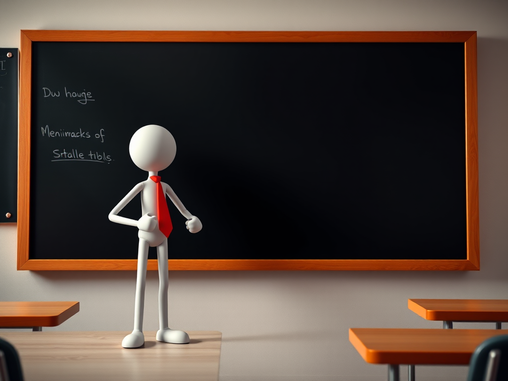 generate an image of a 3D stick figure with a tie standing next to a blackboard, using a Canon EOS R5 with a 50mm lens, aperture f/2.8, ISO 100, 1/200s shutter speed, shot in a well-lit classroom setting, focusing on vibrant colors and sharp details.