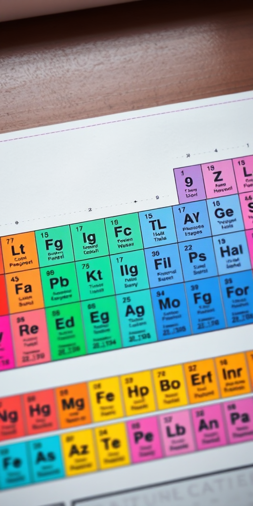 high-resolution image of the periodic table of elements, vibrant colors, detailed labels, soft focus background, photographed with a DSLR camera at f/4, ISO 100, 50mm lens, natural lighting, top-down view