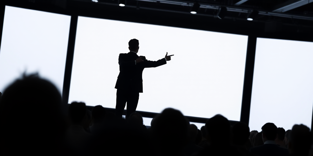 Create an image of a silhouette of a presenter pointing at a large blank screen with an audience in the foreground, captured using a Canon EOS 5D Mark IV, aperture f/4, ISO 100, 50mm lens, medium shot, backlighting for dramatic effect.