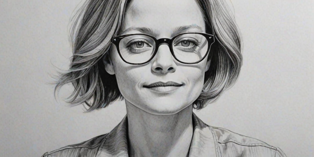Graceful Jodie Foster, pencil sketch, portrait of Radiant woman 1965s in glasses, hair style beatnik, outline, clear lines, fine lines, 8k