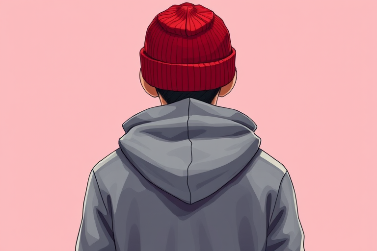 Create a high-resolution illustration of a person wearing a red beanie and gray hoodie, viewed from behind, using a digital painting style; set the resolution to 300 DPI, with a focus on vibrant colors and smooth gradients.