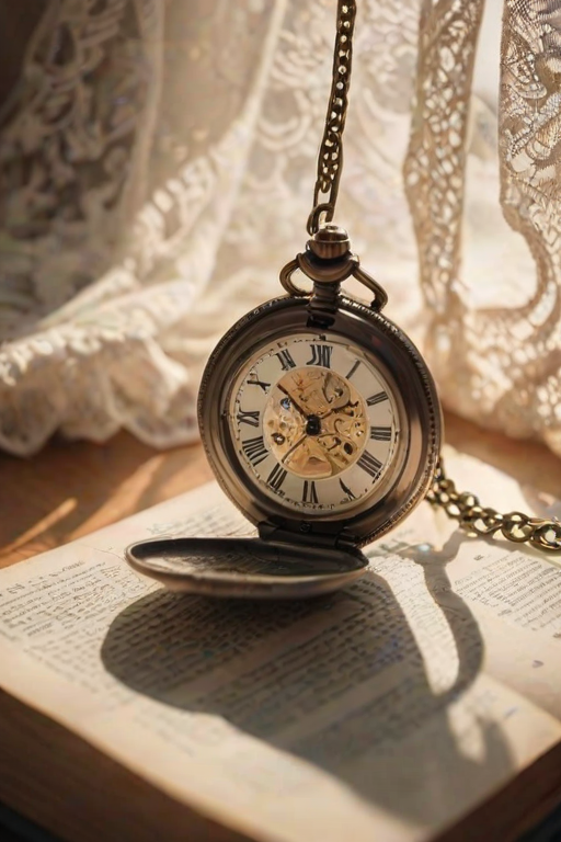 Close-up of a vintage pocket watch resting on an open book, soft sunlight filtering through the window, with delicate shadows from lace curtains softly dancing on the pages.