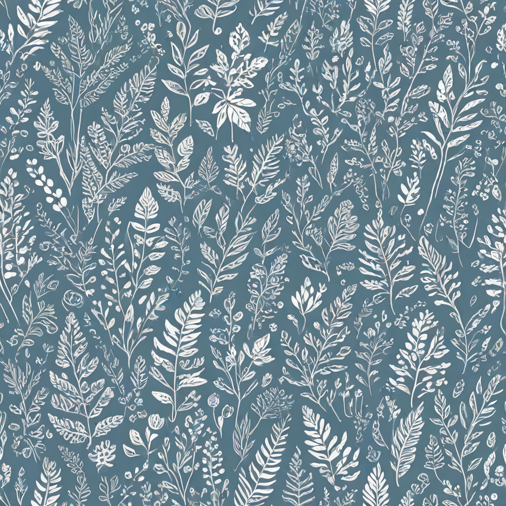 Create a seamless pattern featuring a variety of whimsical hand-drawn floral and leaf designs on a soft blue background. Incorporate different shapes and sizes of plants, including flowers, ferns, and abstract foliage, all outlined in white. The overall style should be playful and organic, with a balanced distribution of elements throughout the composition.