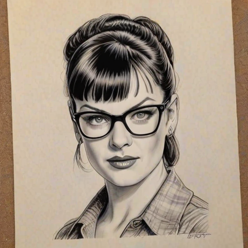 Delightful Pauley Perrette, pencil sketch, portrait of Stunning woman 1942s in glasses, hair style beatnik, outline, clear lines, fine lines, 8k
