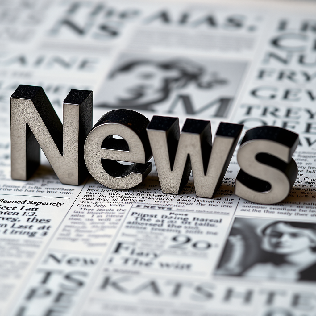 Create an image of the word "News" in bold 3D letters with a soft shadow on a blurred newspaper background, using a Canon EOS R5 camera with a 50mm f/1.2 lens, aperture set to f/1.8, ISO 100, and a shallow depth of field for enhanced focus on the text.