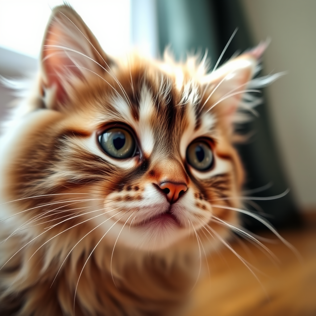 A close-up view of a fluffy cat's face with detailed fur texture and expressive eyes, captured using a DSLR camera with a 50mm lens at f/1.8, ISO 200, in soft natural light, with a shallow depth of field to blur the background and enhance the subject's features.