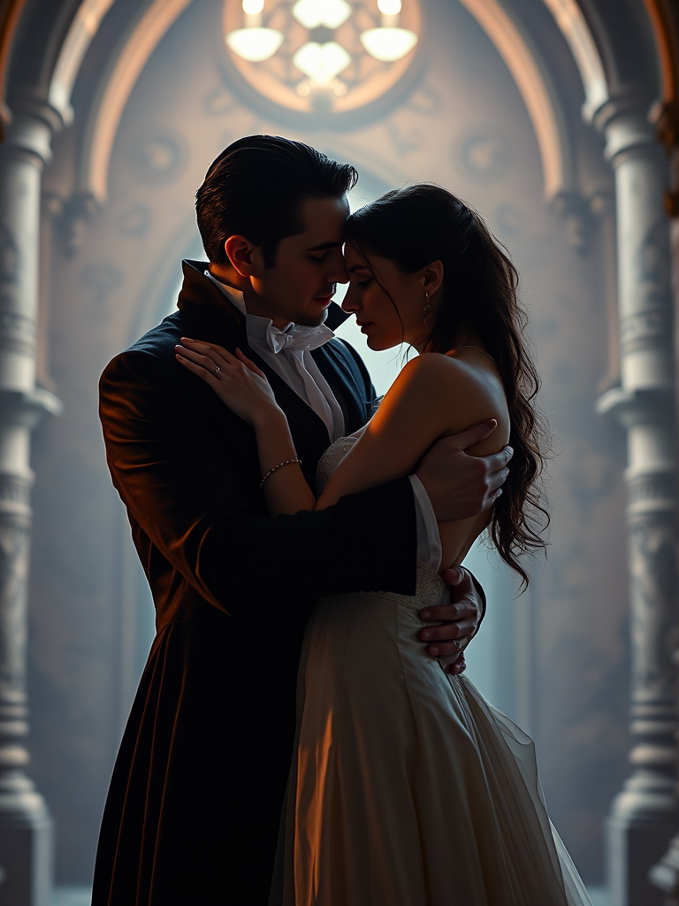Regenerate an image of a vampire elegantly holding a woman in a gothic castle setting, soft lighting, high detail, aperture f/1.8, shutter speed 1/60s, ISO 200, 50mm lens, depth of field focus on subjects, cinematic lighting style.