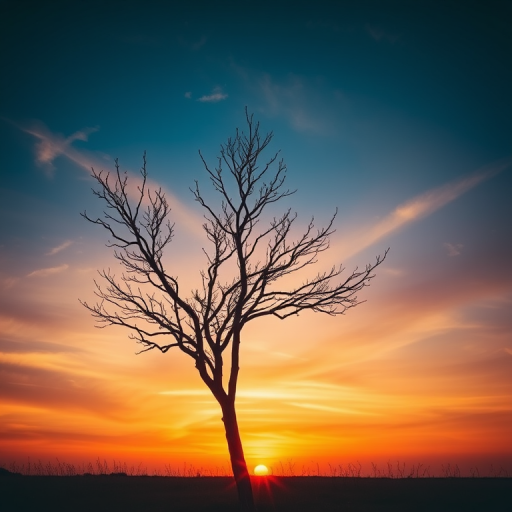 create a sunset landscape featuring a solitary tree with bare branches against a colorful sky, using a DSLR camera with a 50mm lens, aperture set to f/8, ISO 100, and a shutter speed of 1/200 sec for sharpness and depth of field.