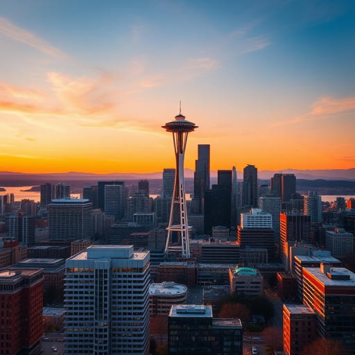 Capture a panoramic view of Seattle's skyline during golden hour with the Space Needle prominently featured, using a Canon EOS R5 with a 24-70mm lens, aperture set to f/8, ISO 100, shutter speed 1/200s for sharp detail and vibrant colors.