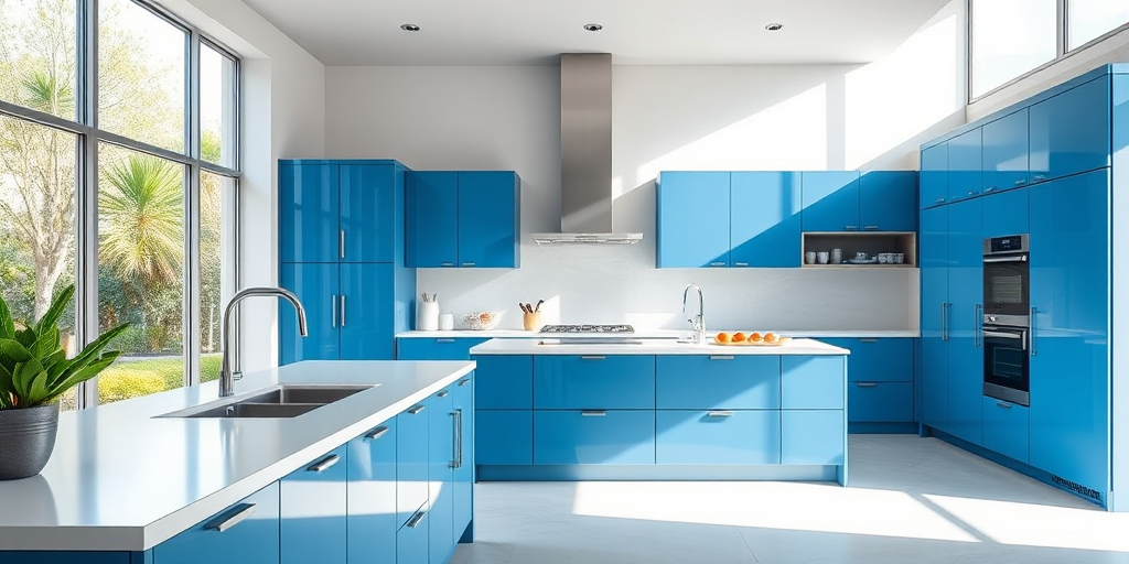 modern kitchen interior with blue cabinets and sleek design, high dynamic range imaging, 24mm lens, f/8 aperture, ISO 200, shot in natural light from large windows, wide-angle view