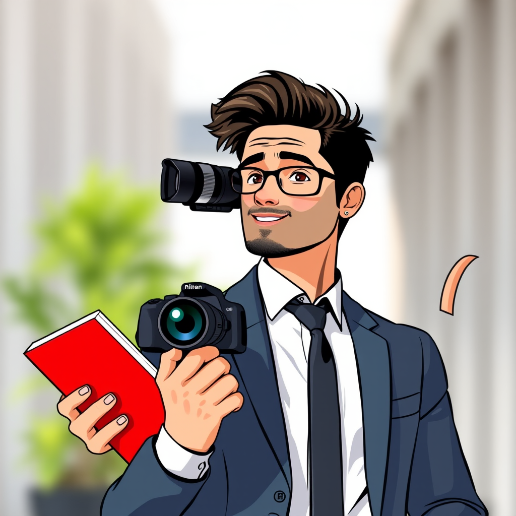 Create a vector illustration of a professional man in a business suit holding a red notebook, pointing with one hand, using a DSLR camera with a 35mm lens, f/2.8 aperture, ISO 100, natural lighting, and a shallow depth of field for clarity and emphasis on the subject.