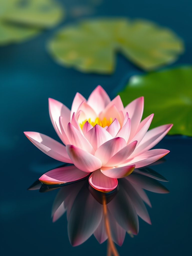 Create a high-resolution digital illustration of a pink water lily on a tranquil blue background, with a soft focus effect, using a DSLR camera with a 50mm lens, aperture set to f/2.8 for shallow depth of field, ISO 100, and natural light to enhance colors and details.