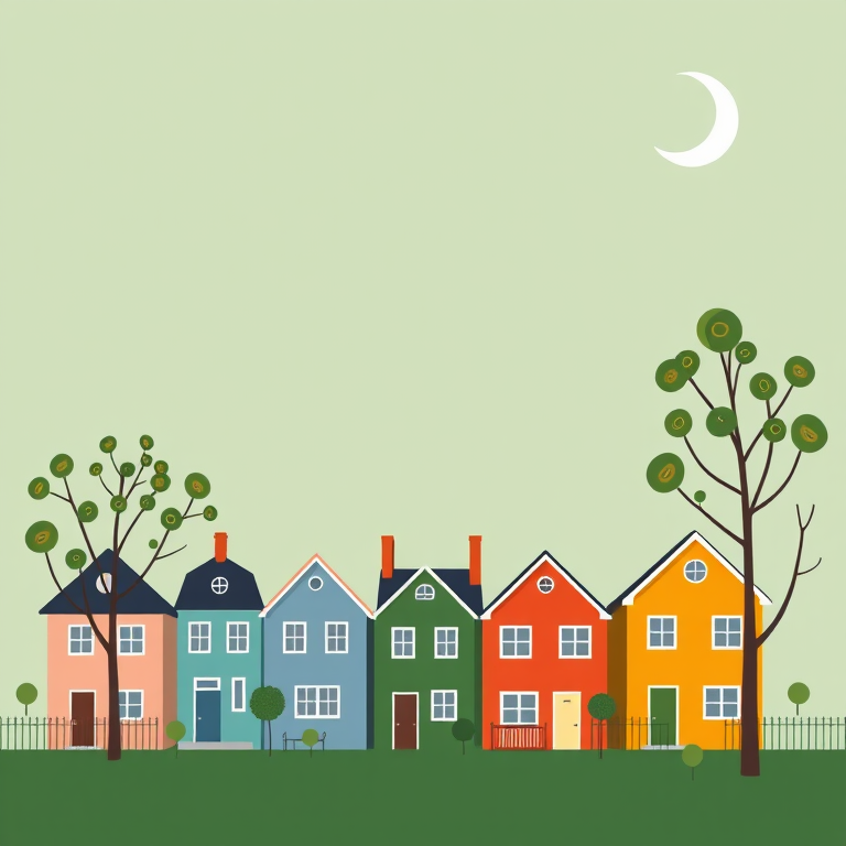 Create a minimalist vector illustration of a row of stylized houses with varying colors against a soft green background, include trees with circular foliage and a crescent moon in the night sky, captured with a Canon EOS R5 at f/8, ISO 100, 50mm lens, shot in daylight for vibrant colors and clarity.