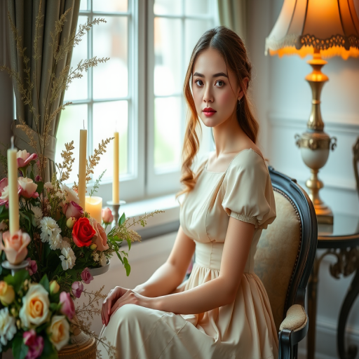 A young woman in a vintage dress seated among elegant decor with flowers, candles, and a lamp, natural window light, ISO 100, f/2.8, 50mm lens, soft focus, shallow depth of field, portrait photography.