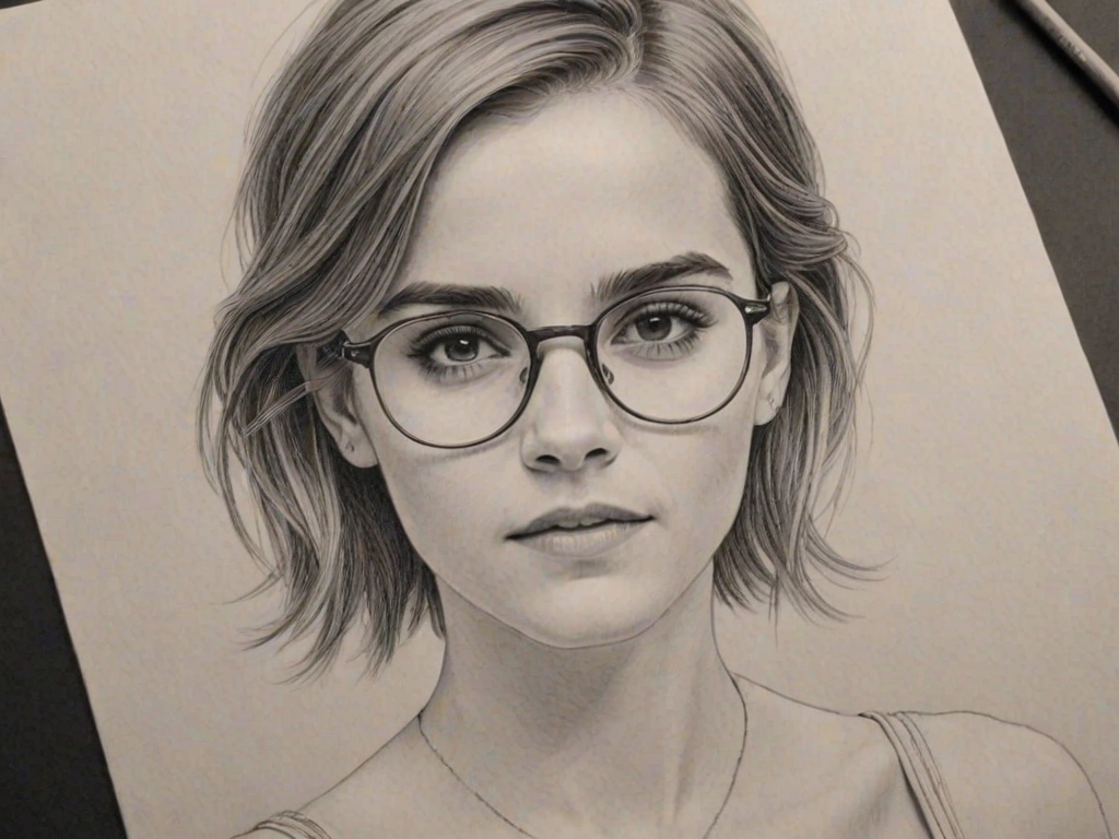 Gorgeous Emma Watson, pencil sketch, portrait of Pleasing woman 1976s in glasses, hair style beatnik, outline, clear lines, fine lines, 8k
