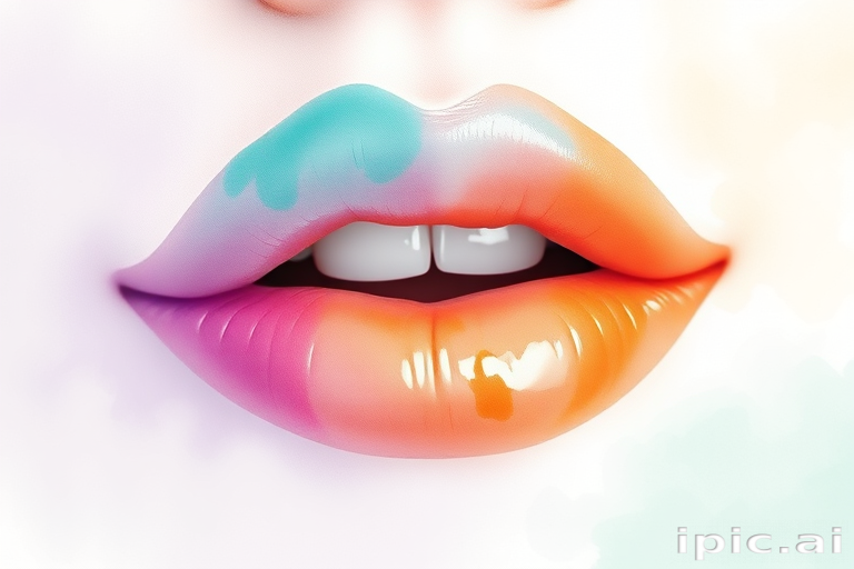 Whimsical watercolor lips painted in soft pastel hues of lavender, mint, and peach, blending seamlessly for a dreamy, impressionistic effect