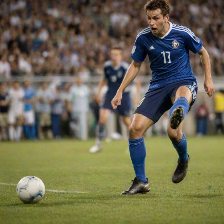 Blurry action shot of a soccer player kicking a ball towards the goal, soft focus on the cheering crowd in the background, with a feeling of excitement and anticipation in the air.