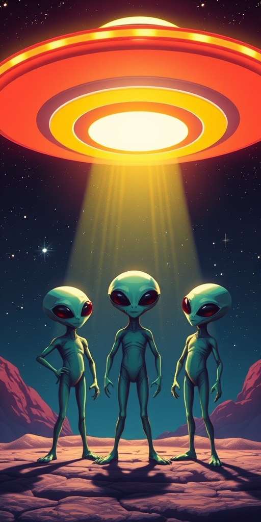 Create a vibrant, retro-style illustration featuring three aliens standing under a glowing UFO with a light beam illuminating them against a starry night background, using a digital illustration style, shot from a low angle, simulated 35mm camera lens, with high saturation and contrast settings to enhance colors.