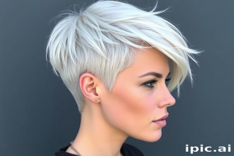 Striking platinum blonde pixie cut called "Arctic Frost," boasts an edgy asymmetrical design with longer strands on one side, expertly textured and tousled for a modern, effortless look, incorporating icy blue undertones that add depth and dimension to the ultra-short style