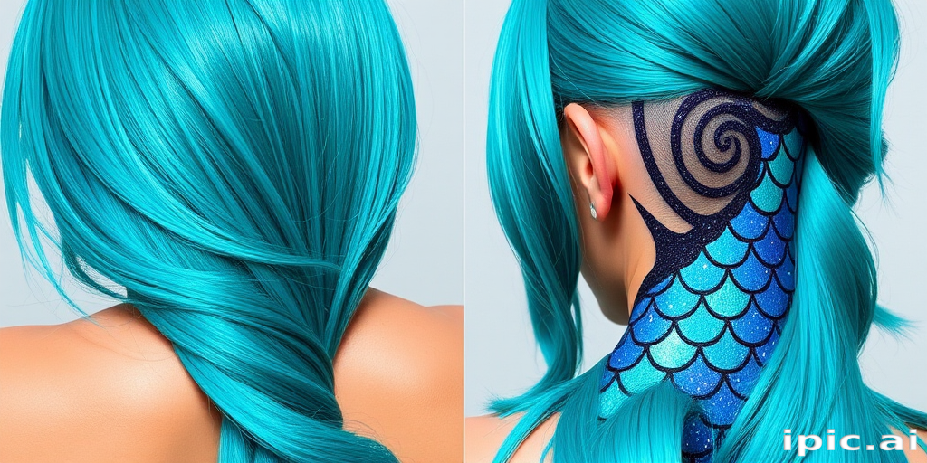 Vibrant teal and turquoise mermaid-inspired locks form a mesmerizing "Ocean Depths" look, with long, sleek strands that shine like sunlight on tropical waters. The hair is parted dramatically to one side, revealing an undercut adorned with intricate, scale-like patterns in shades of deep blue and seafoam green. Iridescent glitter adds a magical touch to this bold, eye-catching style.