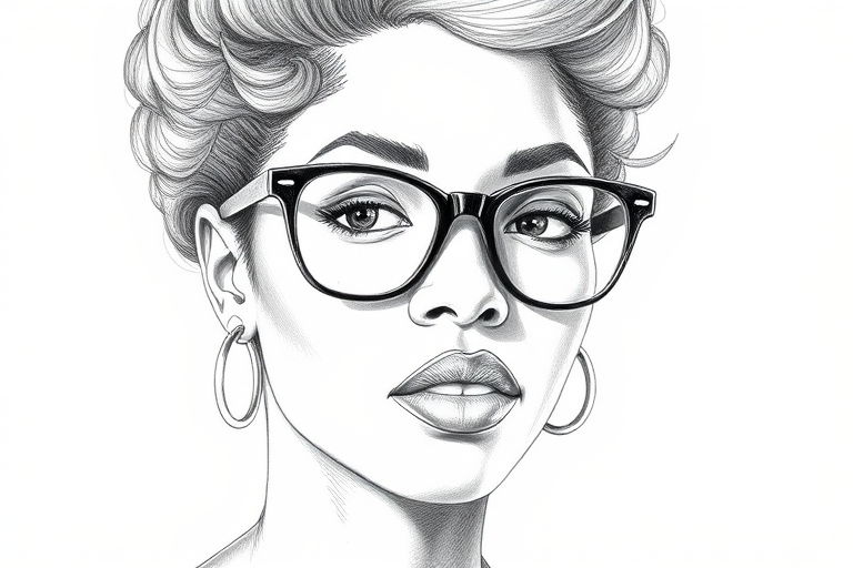 Beautiful Viola Davis, pencil sketch, portrait of beautiful woman 60s in glasses, hair style beatnik, outline, clear lines, fine lines, 8k