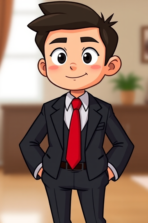 Create a high-resolution cartoon image of a character in a black suit with a red tie, standing confidently with hands in pockets, using a DSLR camera with a 50mm lens, f/2.8 aperture, ISO 100, and soft natural lighting.