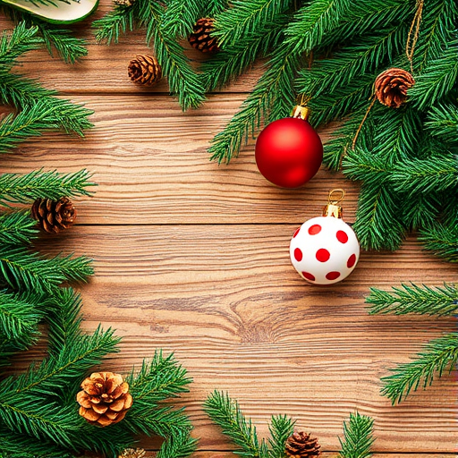 Create an image of a rustic wooden table surrounded by green pine branches. Include a few pine cones and two Christmas ornaments: one red and one white with polka dots. The composition should have a cozy, festive feel, with a natural wood texture as the background.